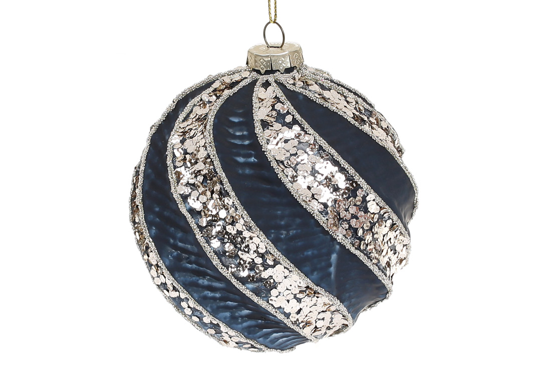 Ялинкова куля з рельєфом та декором з гліттера, 10см, колір - темно-синій