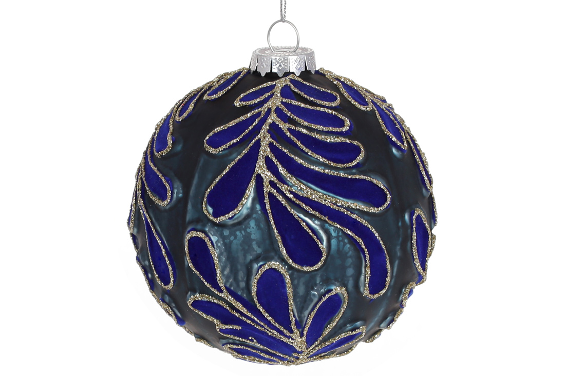 Ялинкова куля з флористичним візерунком, прозоре скло з оксамитом, 10см, колір - синій