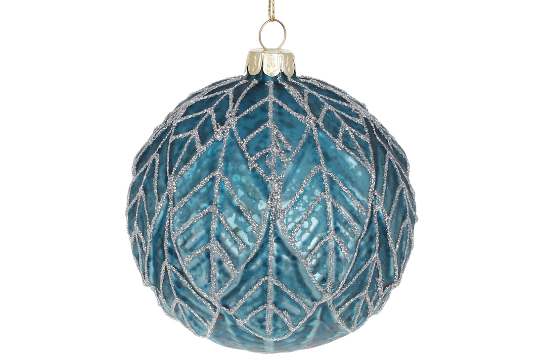 Ялинкова куля 10см з рельєфним малюнком Листя, колір - темно-бірюзовий