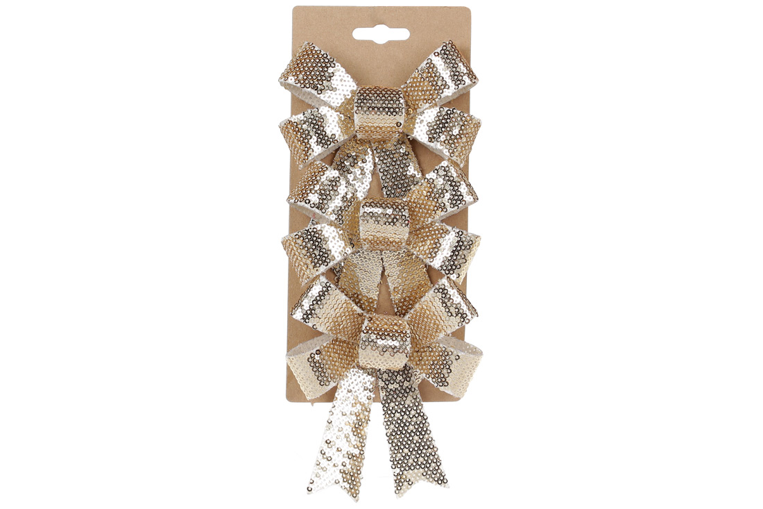 Набір (3 шт) декоративних бантів 10*12см, колір - світло-золоті паєтки