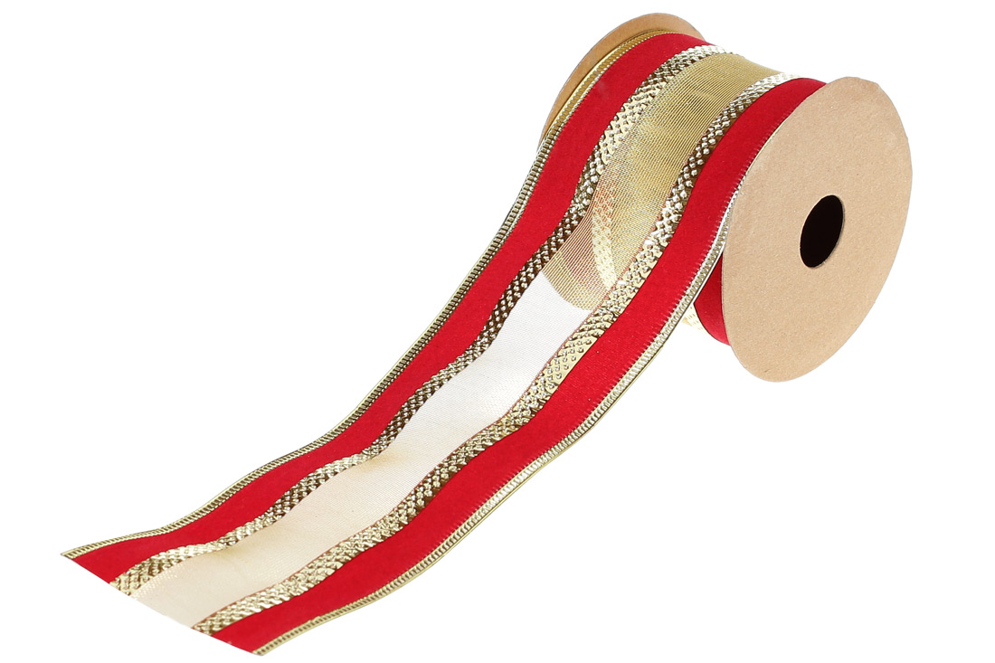 Стрічка декоративна 6.3*270см, колір - червоний оксамит із вставкою сітка-шампань