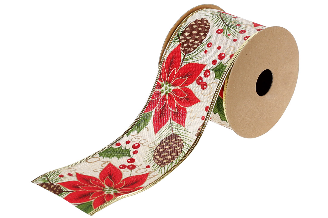 Стрічка декоративна з малюнком Червоні Пуансетії 6.3*270см
