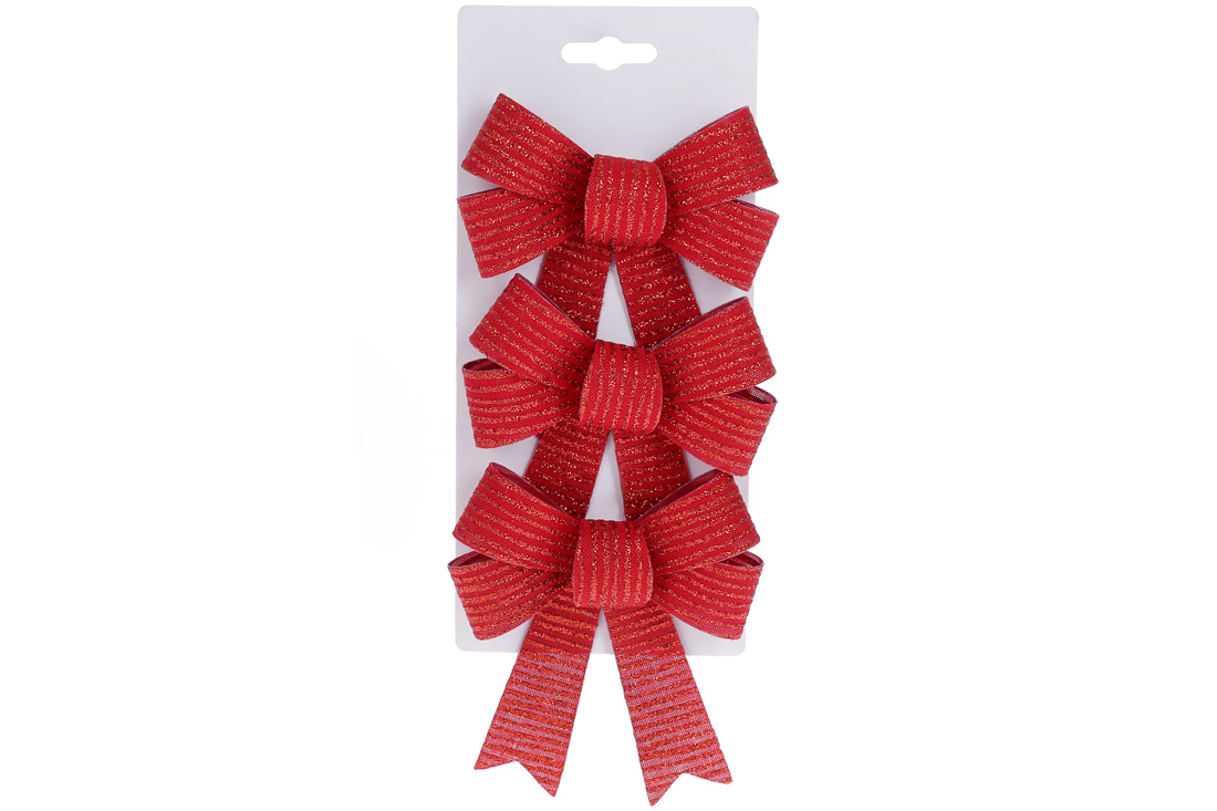 Набір (3 шт) декоративних бантів 10*12см, колір - червоний з гліттерною смужкою