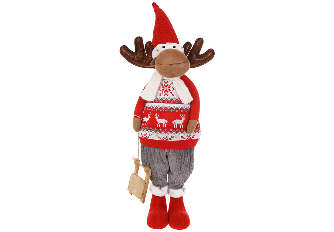 М'яка новорічна іграшка Олень із санками, 25*22*84см, колір - червоний з сірим
