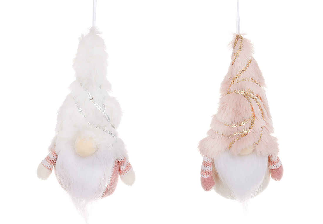 Новорічна м'яка іграшка на підвісі Гномік 15см, 2 дизайни, колір - білий з рожевим