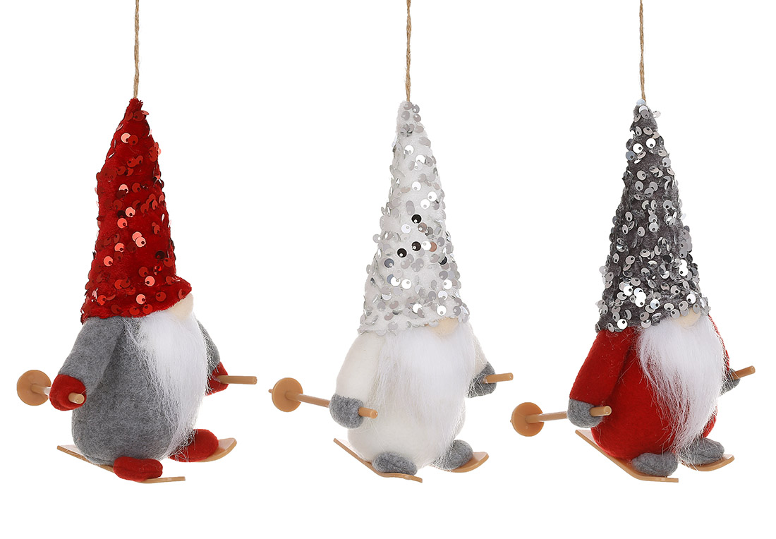 М'яка іграшка на підвісі Гномик на лижах у паєтках 18см, 3 дизайни, колір - червоний, білий, сірий
