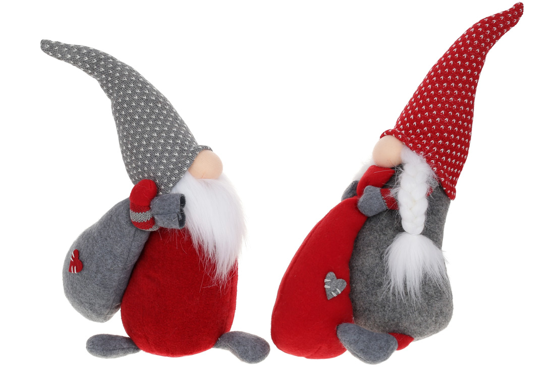 Новорічна м'яка іграшка Гном з мішком 34см, колір - червоний з сірим, 2 дизайни