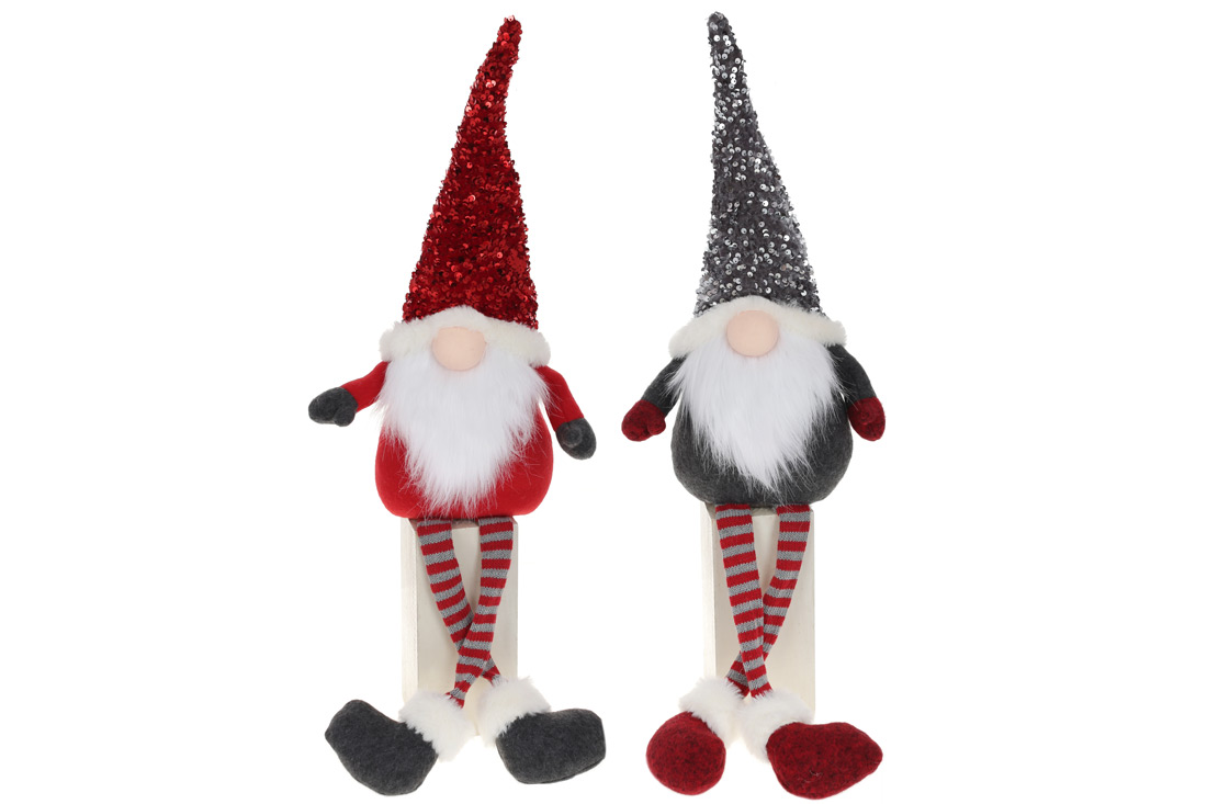 Новорічна м'яка іграшка Гном в паєтках з ніжками, що висять, 77см, колір - червоний з сірим, 2 дизайни