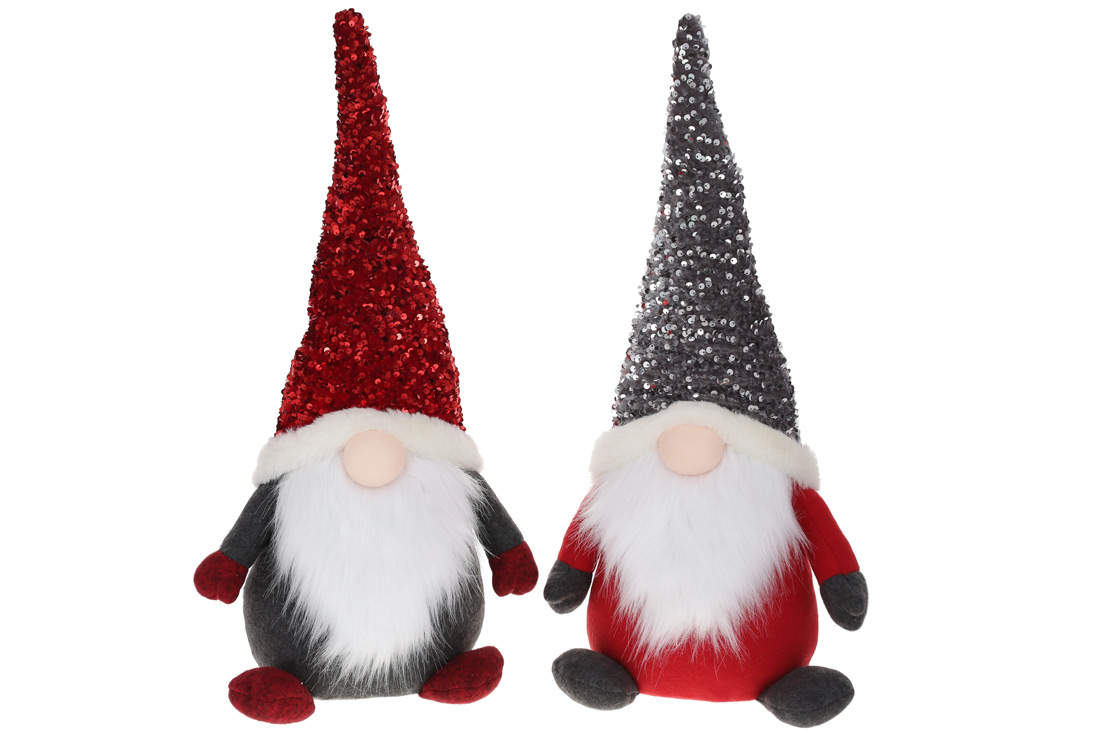 Новорічна м'яка іграшка Гном у паєтках 55см, колір - червоний з сірим, 2 дизайни