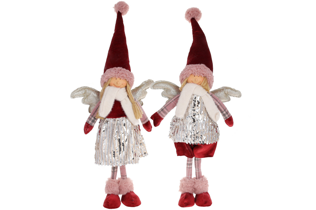 М'яка новорічна іграшка Янгол, 70см, 2 дизайни: Дівчинка та Хлопчик, колір - червоний з рожевим у паєтках