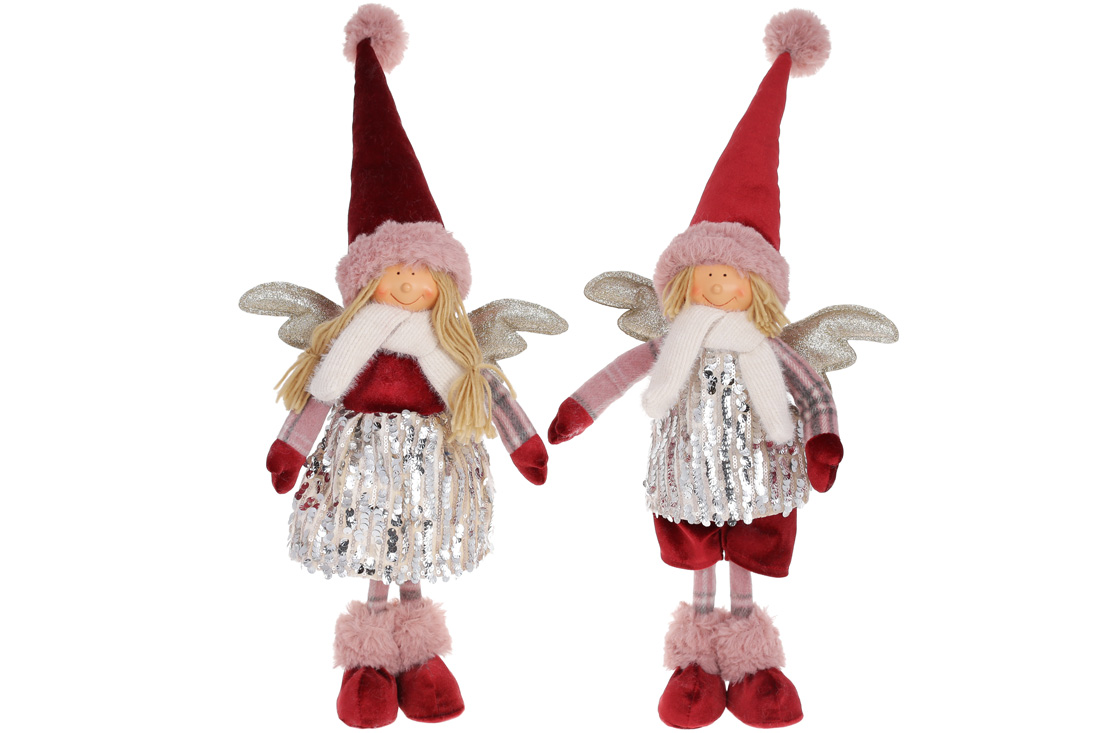 М'яка новорічна іграшка Янгол, 54см, 2 дизайни: Дівчинка та Хлопчик, колір - червоний з рожевим у паєтках