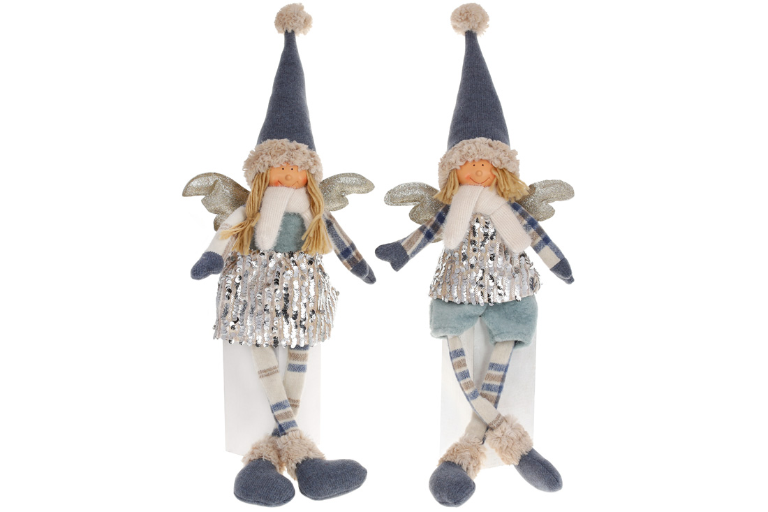 М'яка новорічна іграшка Сидячий Янгол, 68см, 2 дизайни: Дівчинка та Хлопчик, колір - синій у паєтках шампань