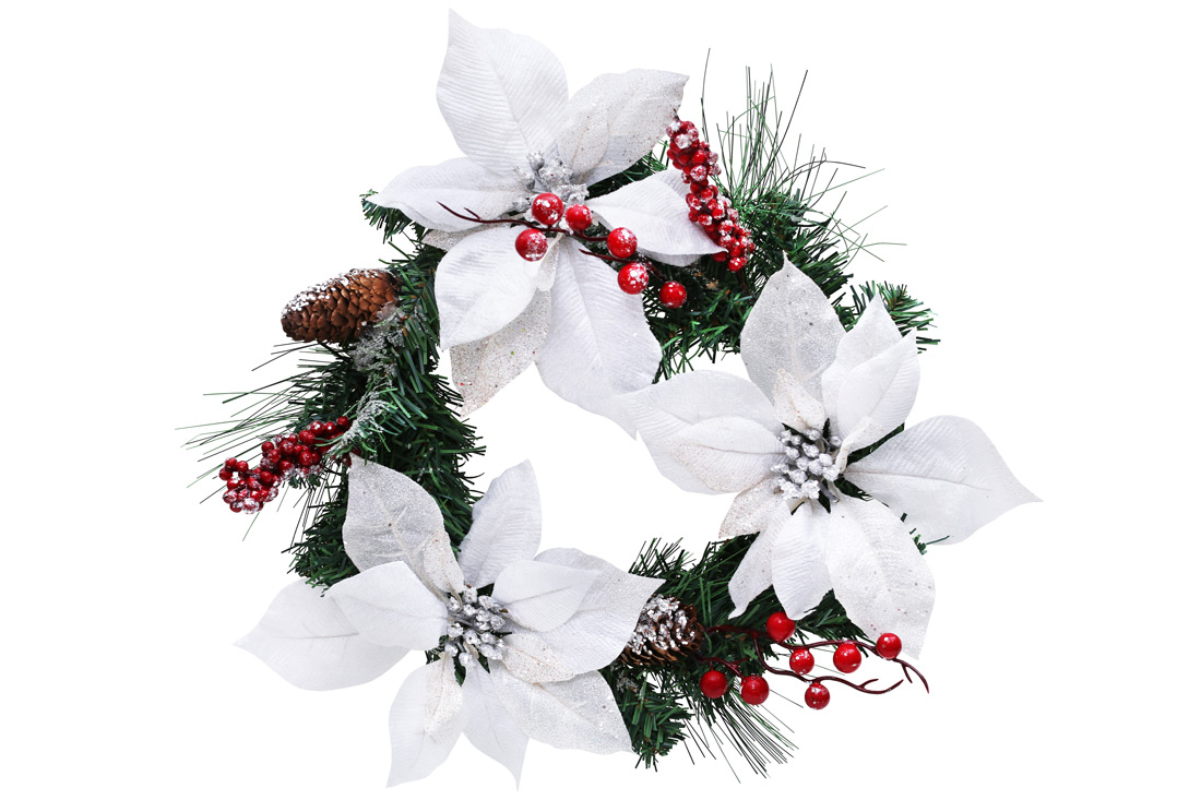 Вінок зі штучної хвої з пуансеттіями та ягодами, 48см