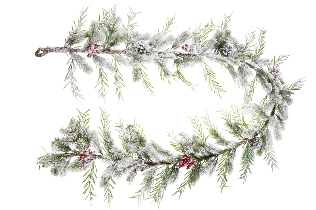 Гірлянда з хвої засніжена з декором з ягід та шишок, 190см