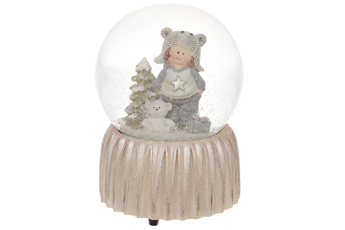 Декоративний водяний шар Хлопчик з ведмедиком 14.5см з музикою на заводному механізмі, колір - шампань