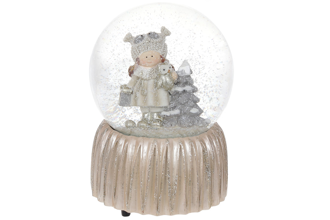 Декоративна водяна куля Дівчинка з совою 14.5см з музикою на заводному механізмі, колір - шампань