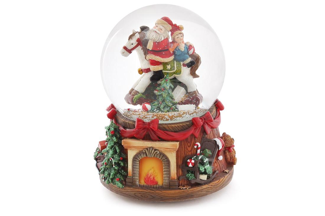 Декоративна водяна куля Санта на коні 15.5см з музикою "У лісі народилася ялинка" на заводному механізмі