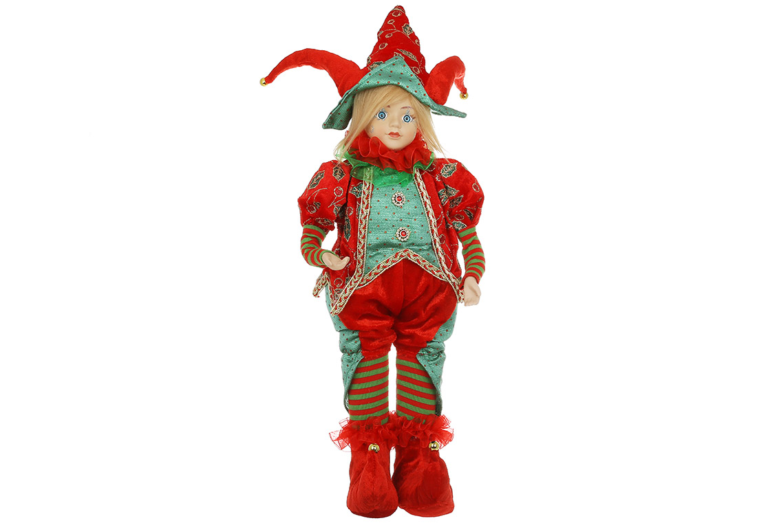 Новорічна музична іграшка Арлекін (з функцією руху голови), 45.7см, колір - червоний із зеленим