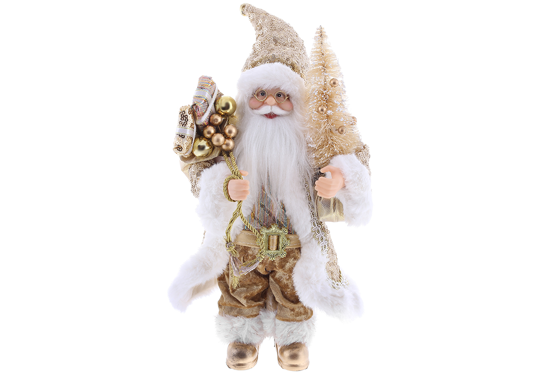Новорічна фігура Санта з подарунками та ялинкою, 30см, колір - золотий з паєтками