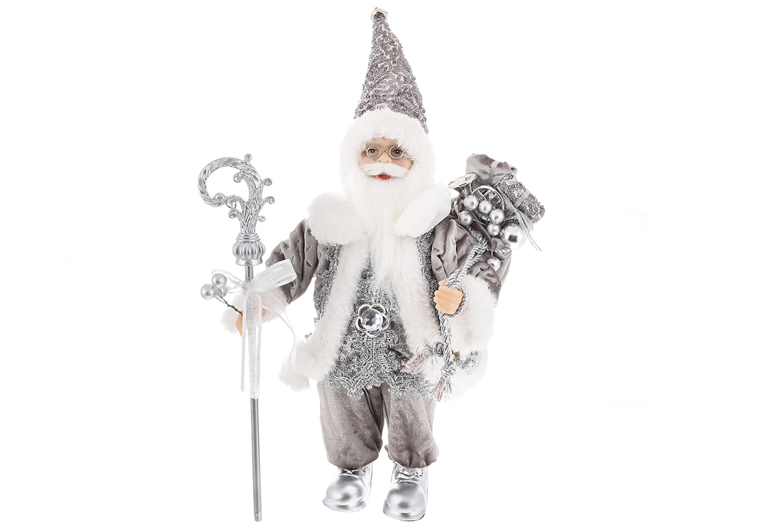 Новорічна фігура Санта з подарунками, 30см, колір - срібло сталеве з паєтками.