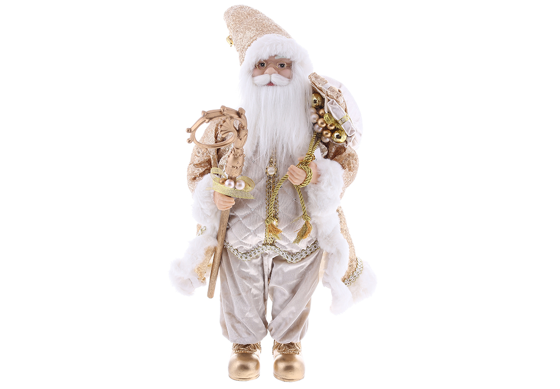 Новорічна фігура Санта з подарунками, 45см, колір - золотистий шампань з паєтками.