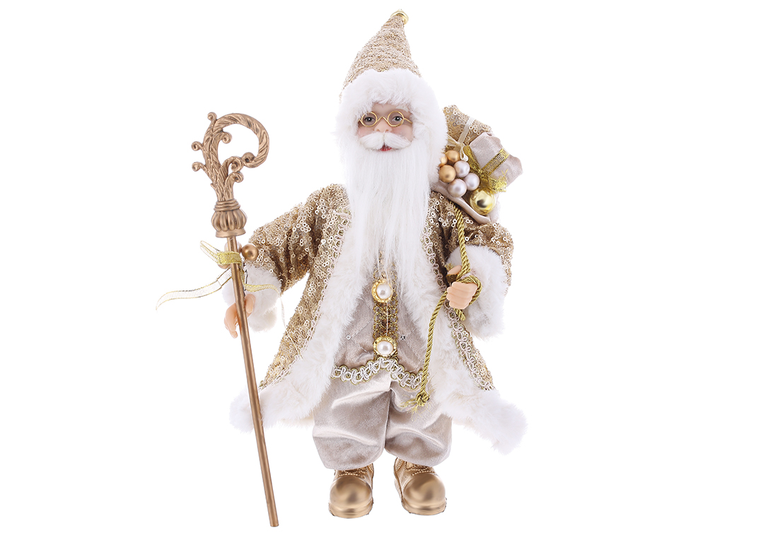 Новорічна фігура Санта з подарунками, 30см, колір - золотистий шампань з паєтками.