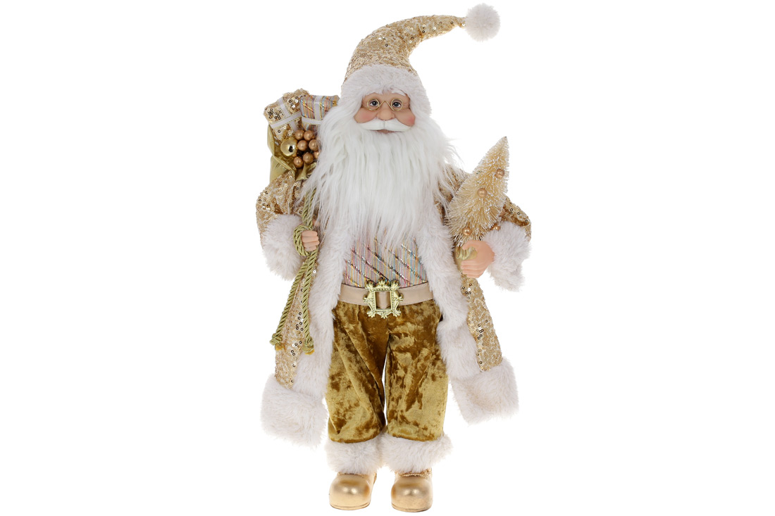 Новорічна фігура Санта з подарунками та ялинкою, 45см, колір - золотий з паєтками