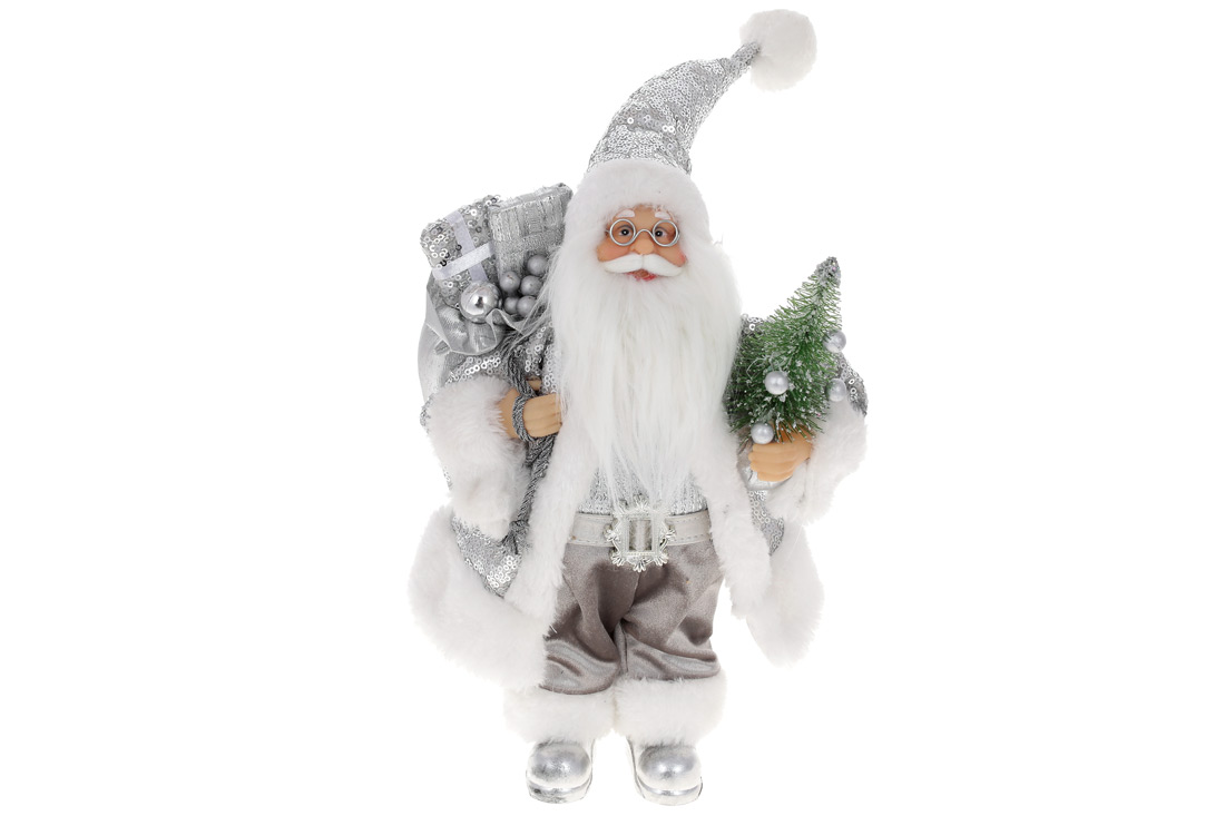 Новорічна фігура Санта з подарунками та ялинкою, 30см, колір - сріблястий з паєтками