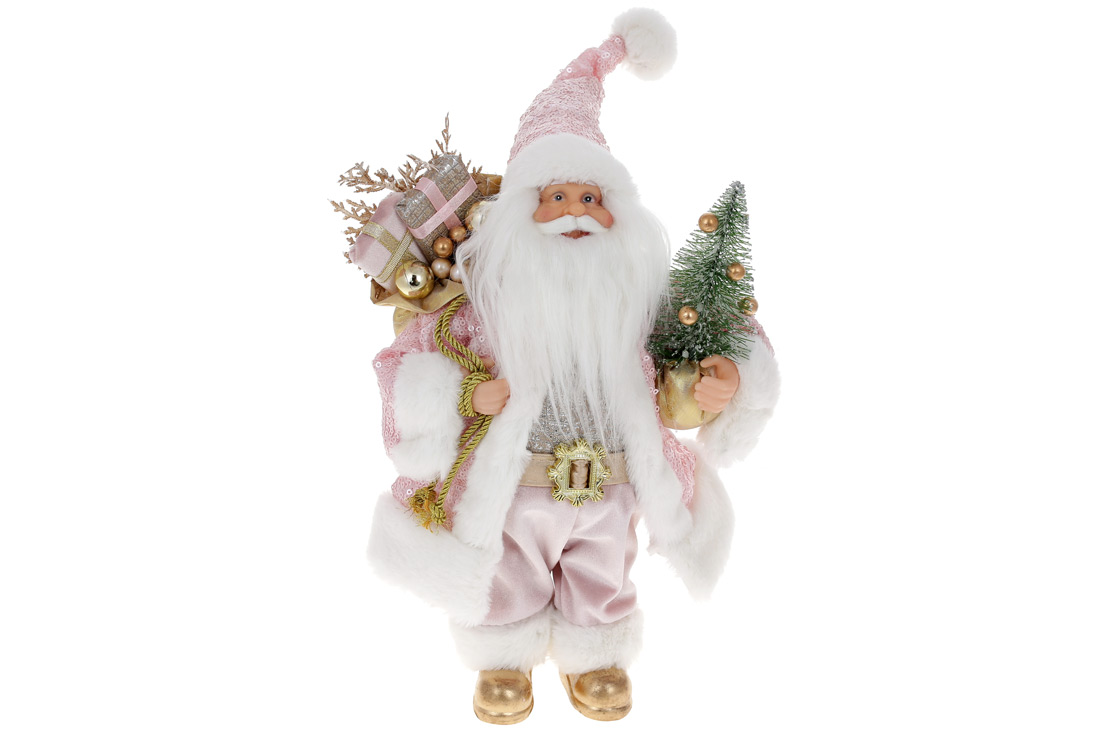 Новорічна фігура Санта з подарунками та ялинкою, 30см, колір - рожевий із золотом з паєтками
