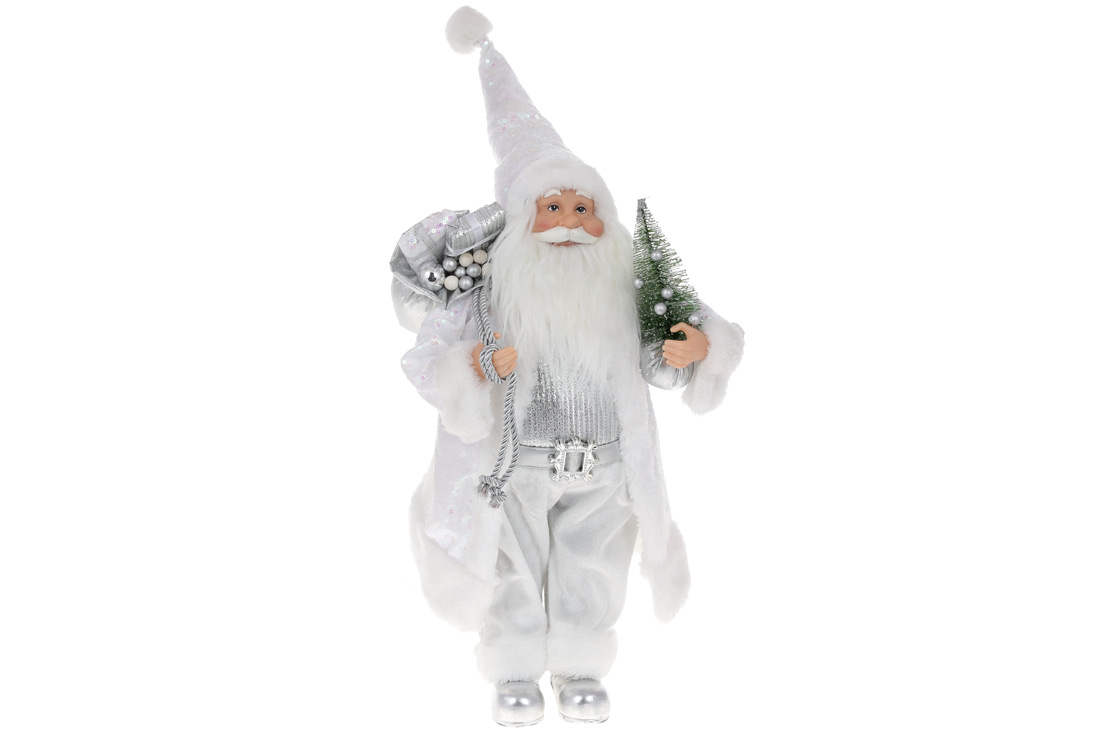 Новорічна фігура Санта з подарунками та ялинкою, 45см, колір - білий зі сріблом з паєтками