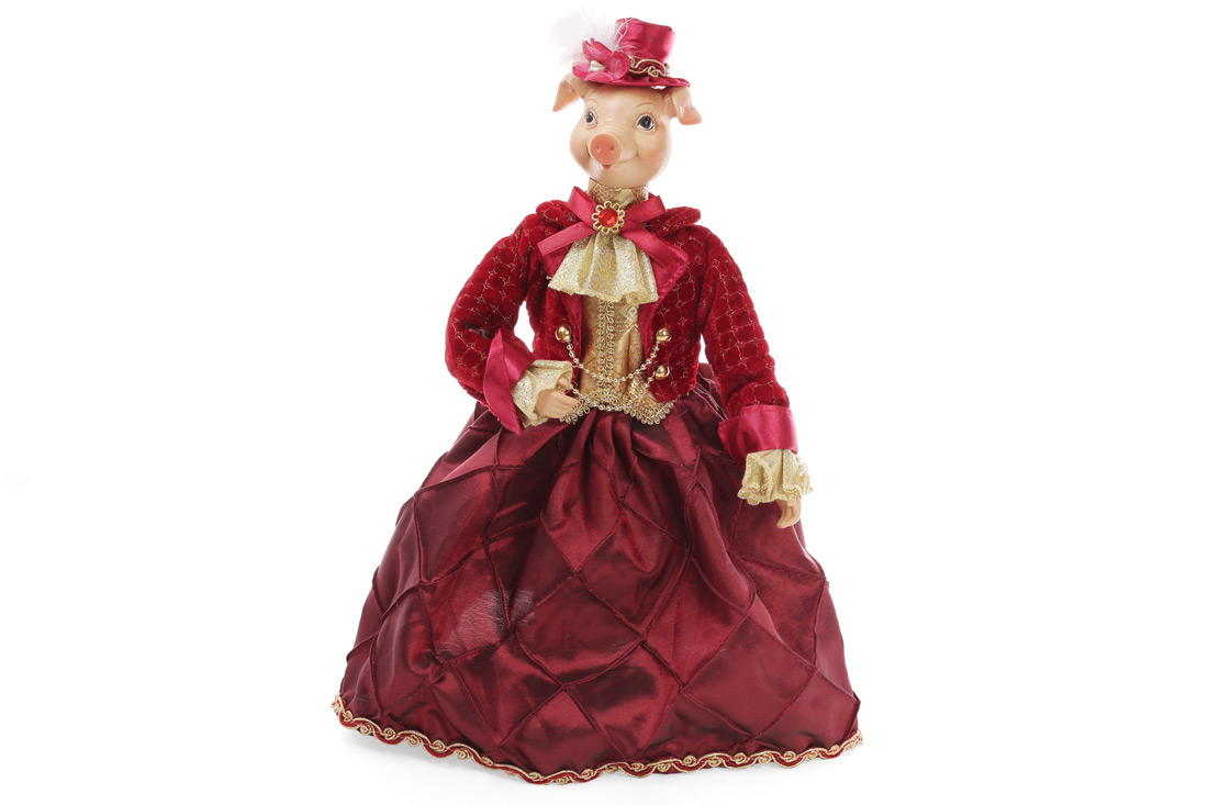 Декоративна фігура Свинка в сукні 40см, колір - бордо із золотом