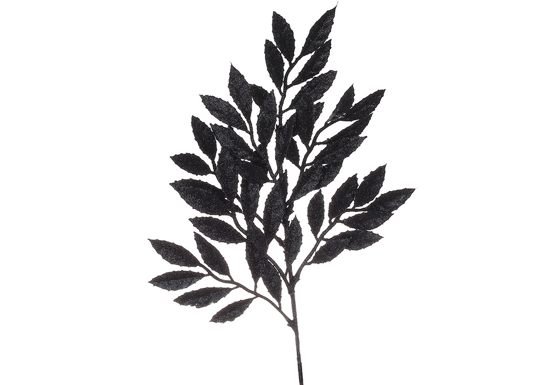 Декоративна гілка листя 50см, колір - чорний з гліттером