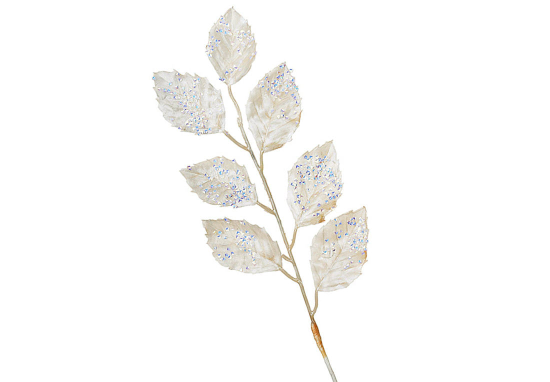 Декоративна гілка листя в паєтках 56см, колір - молочний перламутр