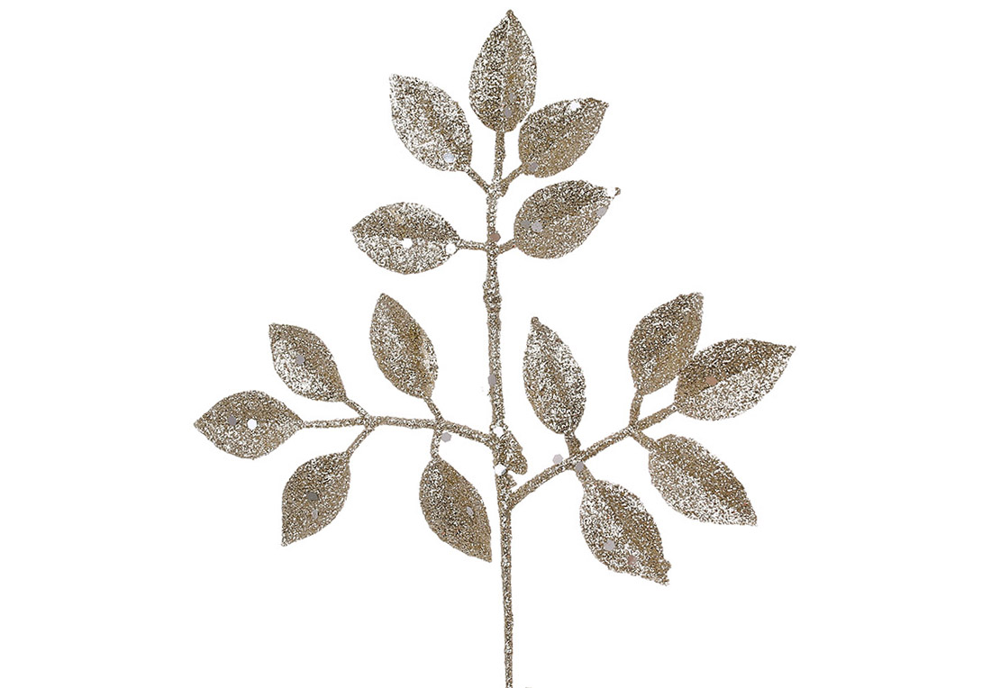 Декоративна гілка ( 3шт ) листя 19см, колір - шампань гліттер