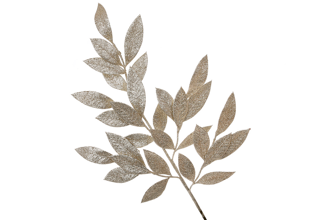 Декоративна гілка листя в глітері 68см, колір - шампань