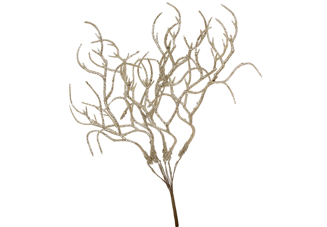 Декоративна гілка в гліттері 24см, колір - шампань