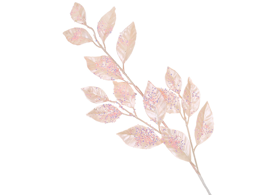 Декративна гілка листя в паєтках 77см, колір - рожевий перламутр