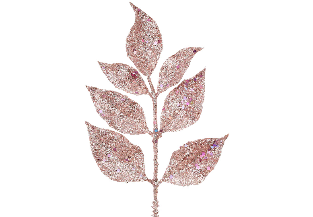 Декоративна гілка ( 3шт ) листя 22см, колір - рожевий гліттер