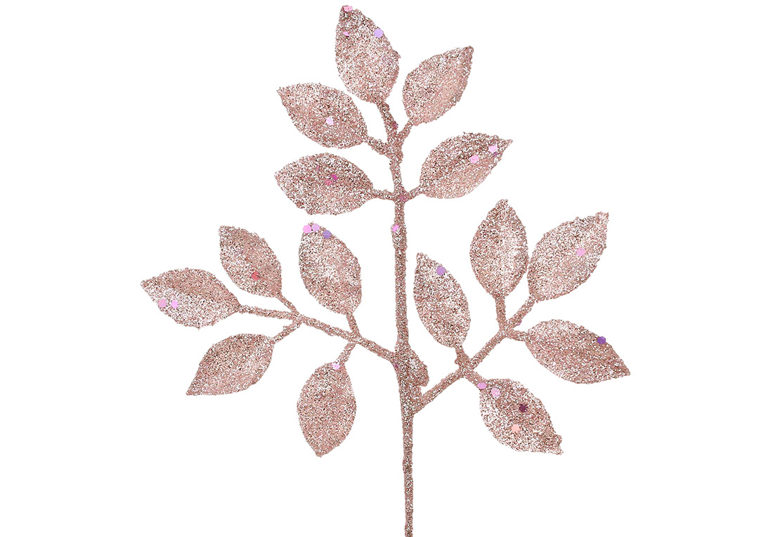 Декоративна гілка ( 3шт ) листя 19см, колір - рожевий гліттер