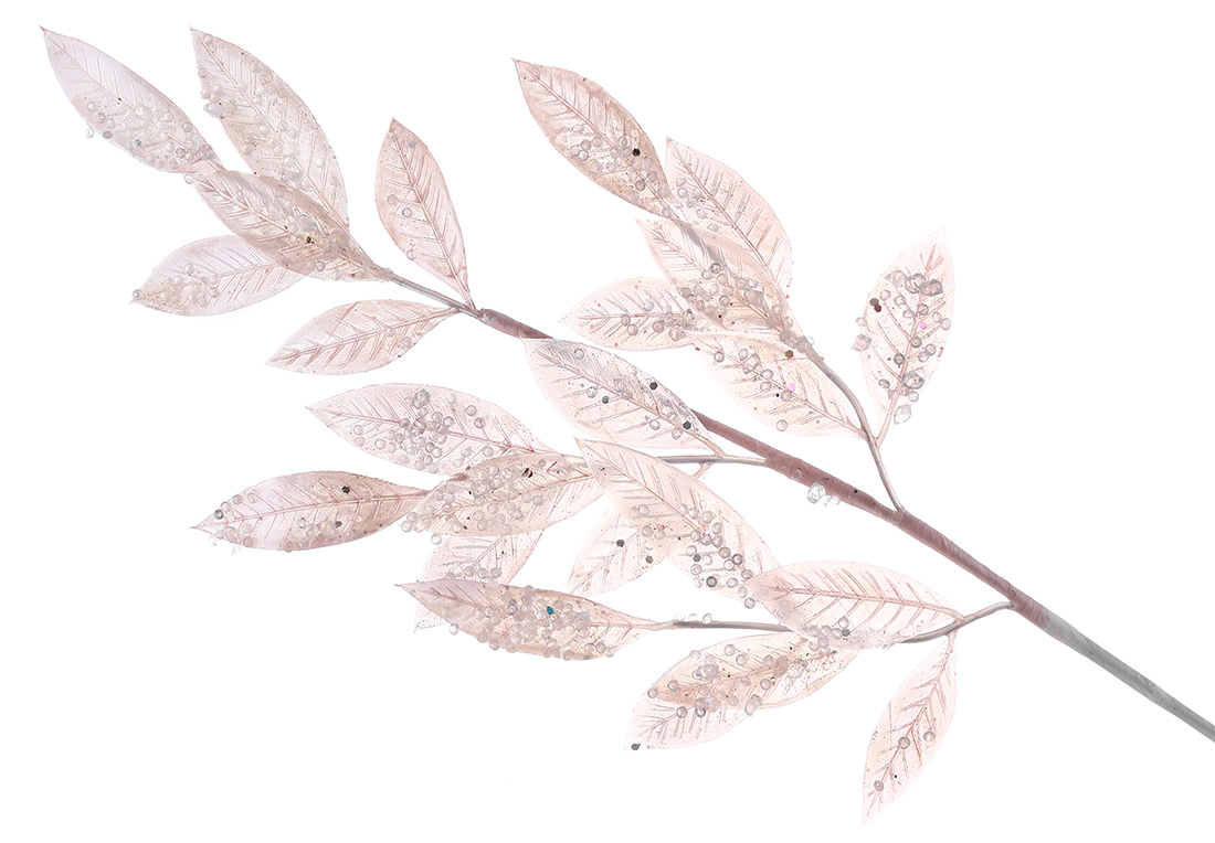 Декоративна гілка листя у льоду 68см, колір - рожевий перламутр