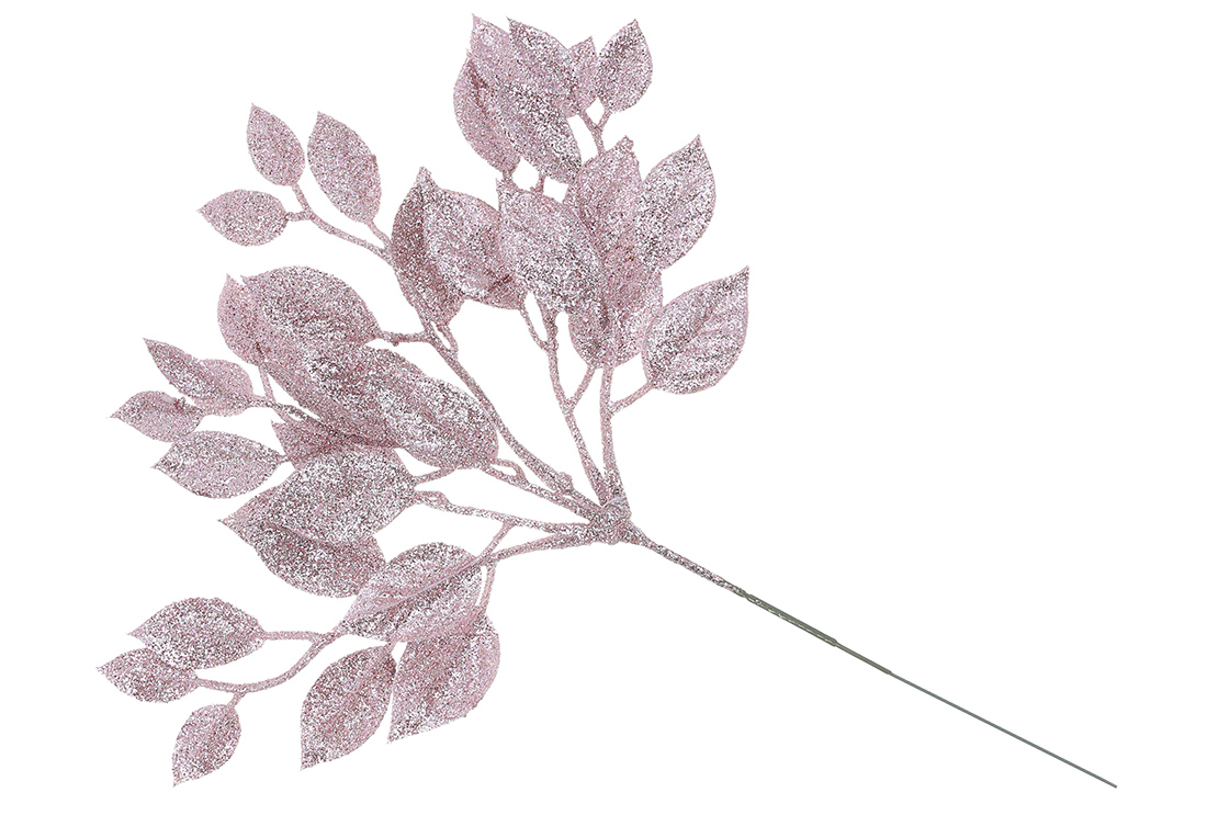 Гілка з листям у світло-рожевому гліттері 29см