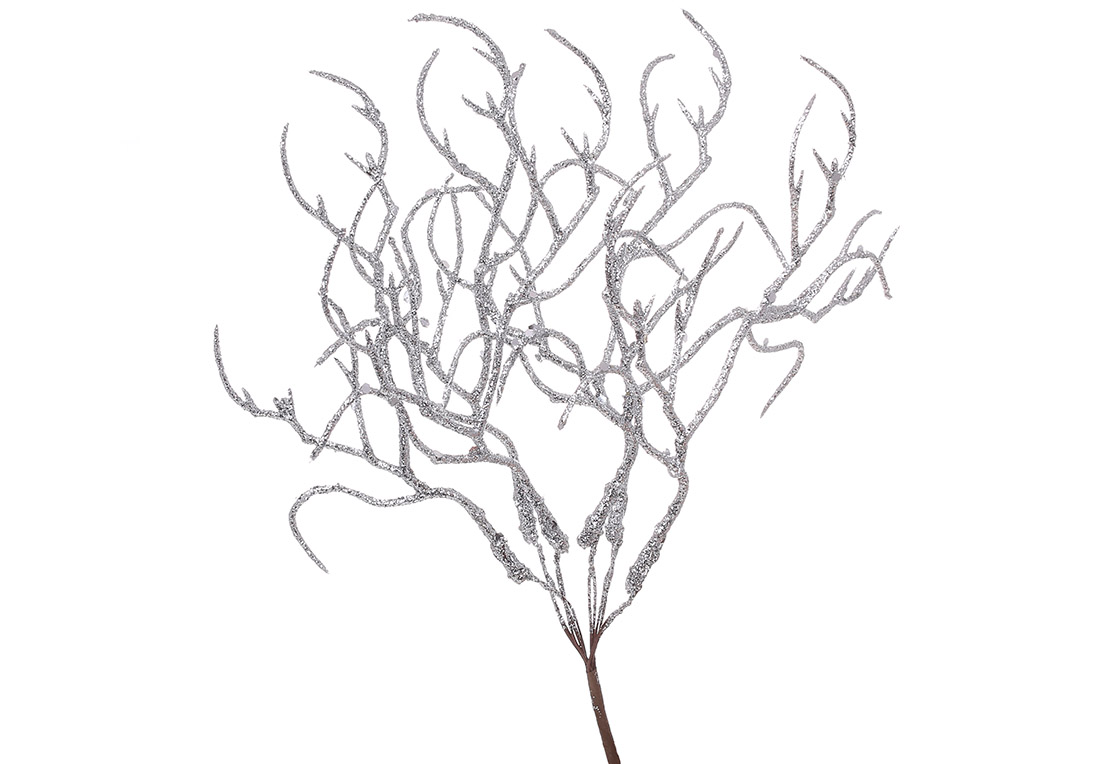 Декоративна гілка в гліттері 24см, колір - срібло