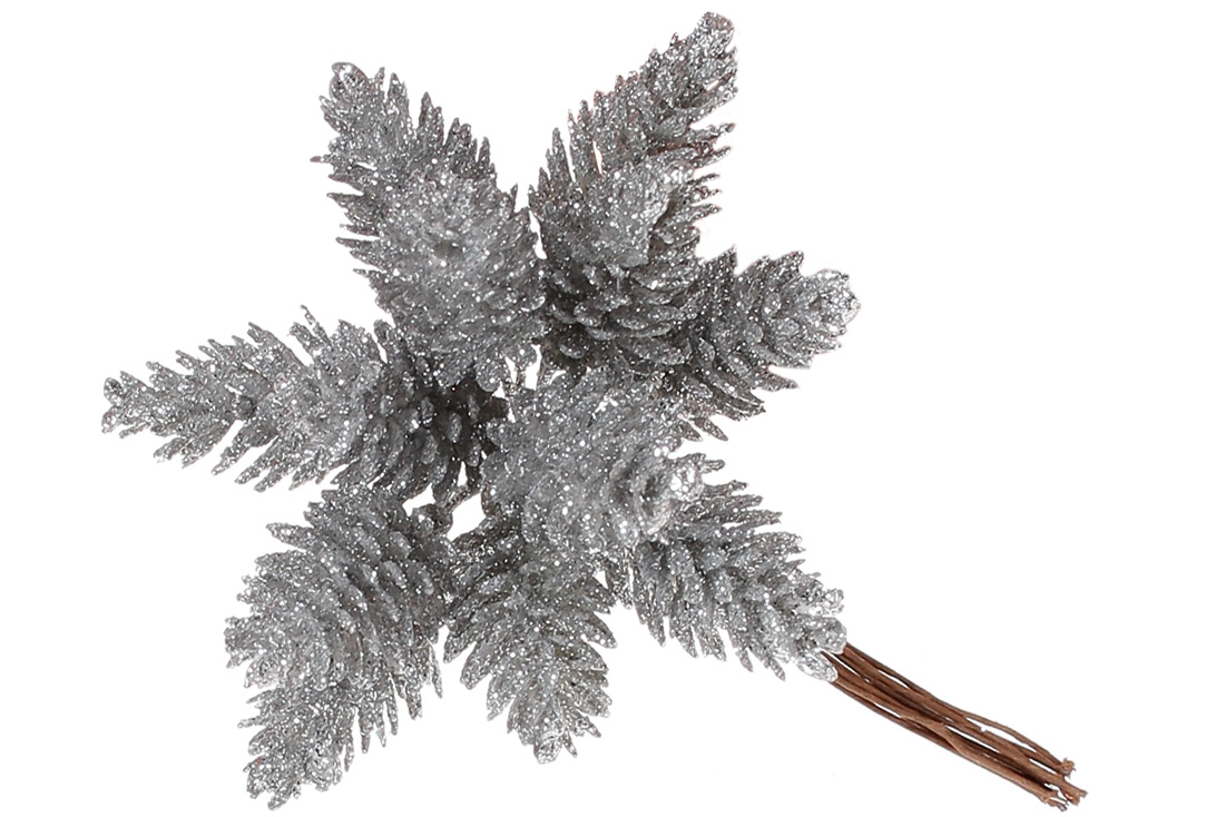 Декоративні міні-шишки 12шт в пучку, 12см, колір - срібло