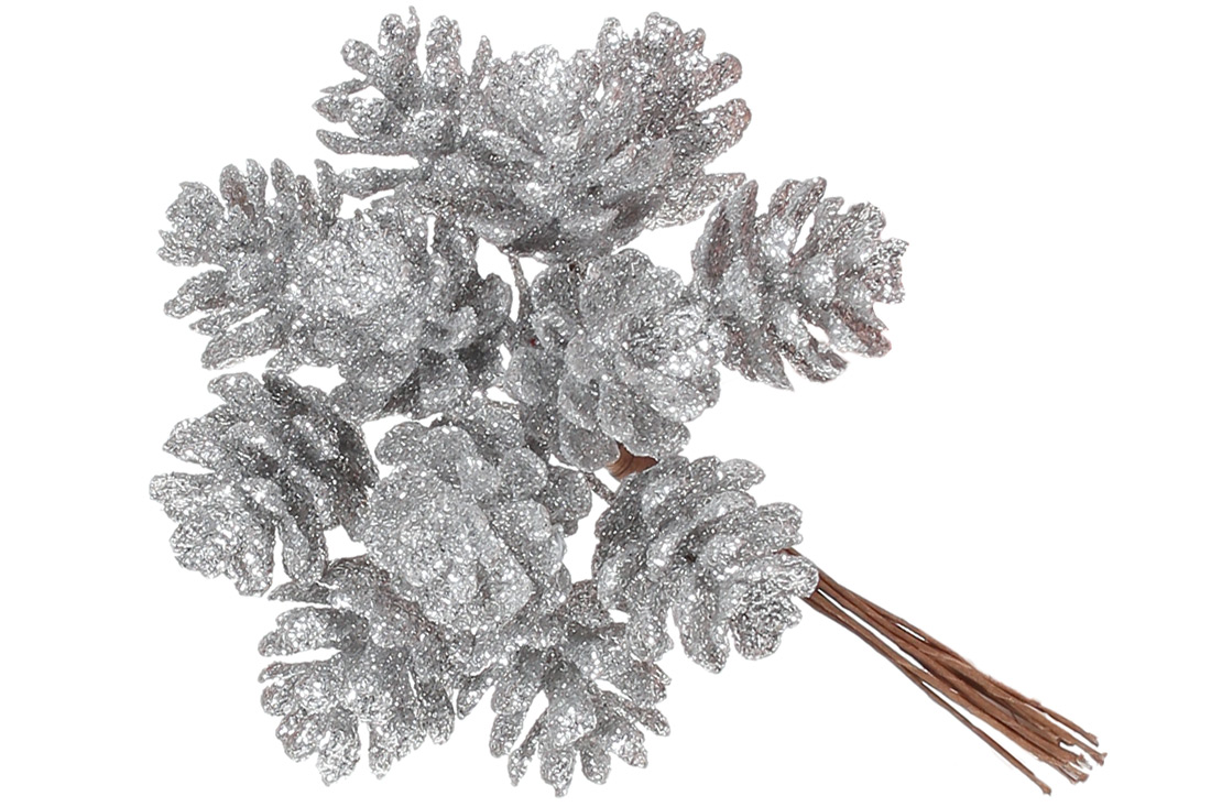 Декоративні міні-шишки 12шт в пучку, 12см, колір - срібло