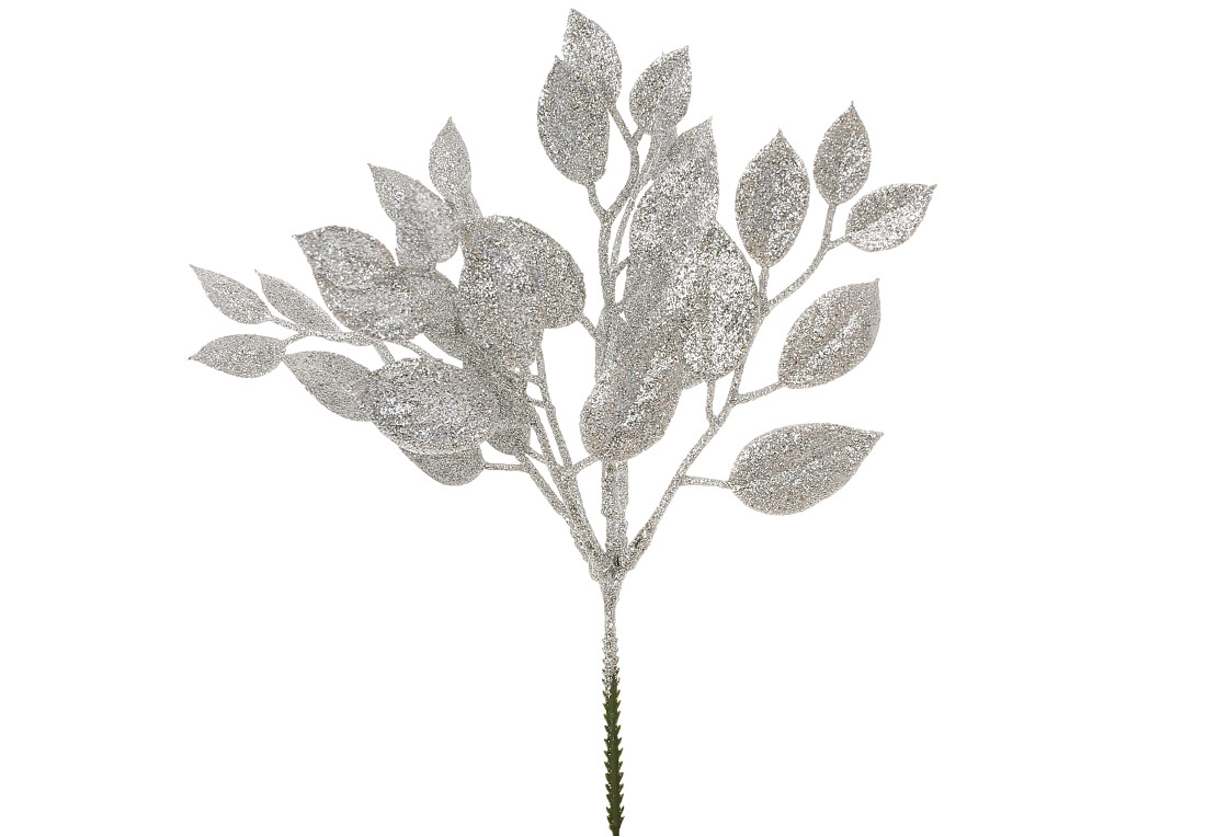 Гілка з листям у срібному гліттері 29см