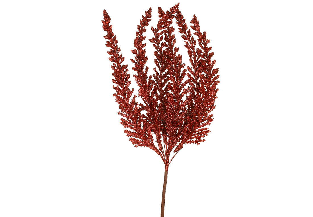 Декоративна гілка папороті в гліттері 29см, колір - червоний