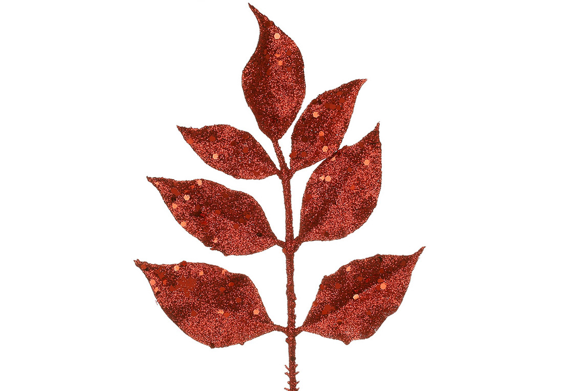 Декоративна гілка ( 3шт ) листя 22см, колір - червоний гліттер