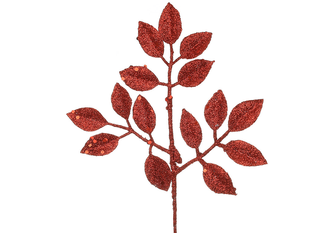 Декоративна гілка ( 3шт ) листя 19см, колір - червоний гліттер