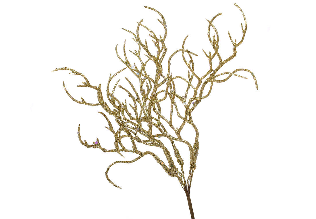Декоративна гілка в гліттері 24см, колір - золото