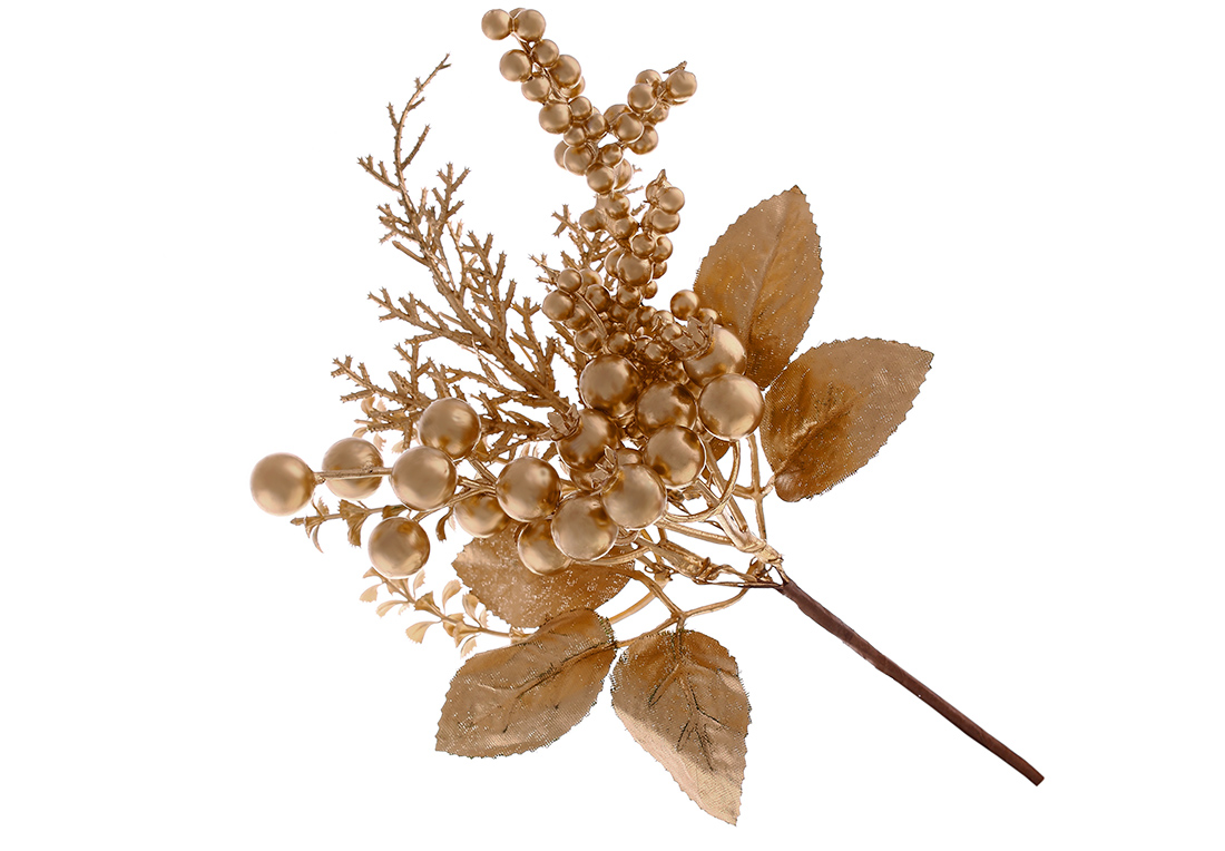 Декоративна гілка з ягодами та листям 25см, колір - матове золото.